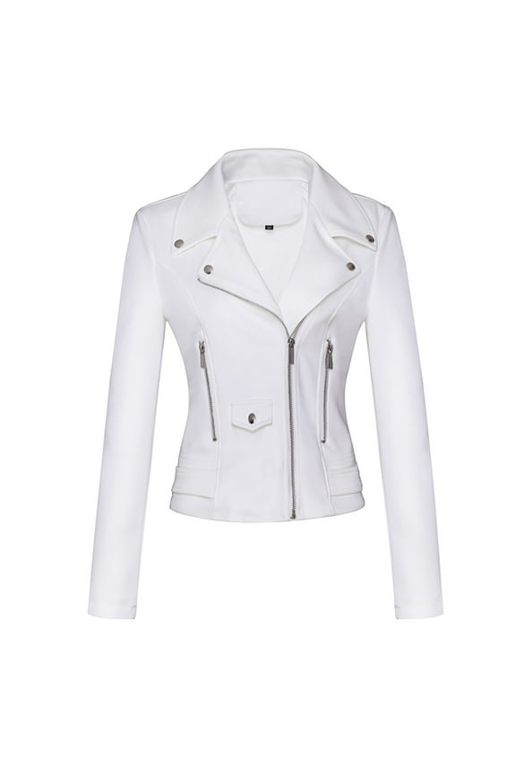 Women's Biker Leather Jacket Cropped Coat Motorcycle Suit Fall Solid Color Trendy Outwear Long Sleeve Turn Down Collar Casual Slim Pocket Holiday White M