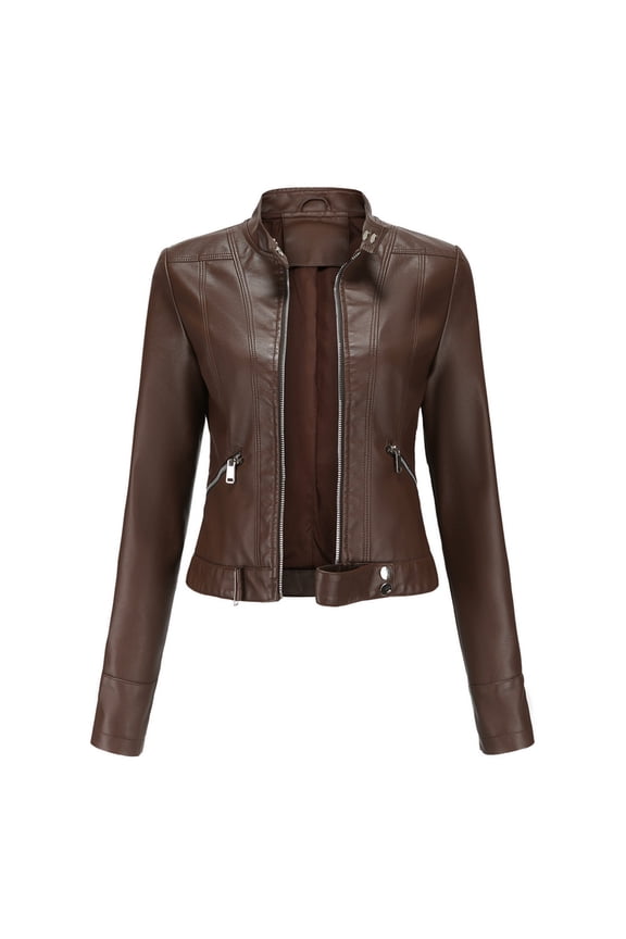 Women's Biker Leather Jacket Cropped Coat Motorcycle Suit Trendy Outwear Fall Long Sleeve Zipper-Up Casual Slim Pocket Holiday Solid Color Button Brown XXXL