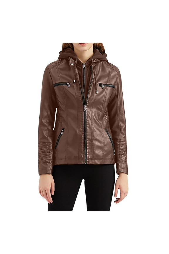 Women's Biker Leather Jacket Hoodie Coat Motorcycle Suit Solid Color Trendy Outwear Fall Casual Slim Long Sleeve Zipper-Up Holiday Coffee XL