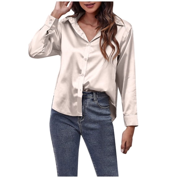 safuny Women's Blouses Shirts Satin Long Sleeve Button Down Shirt Casual Office Work Blouse Tops Going Out Holiday T-Shirt V-Neck Solid Color Gold M