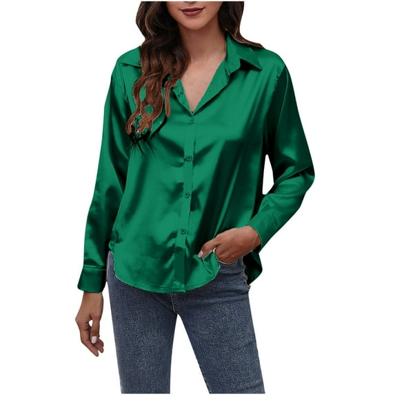 safuny Women's Blouses Shirts Satin Long Sleeve Button Down Shirt Casual Office Work Blouse Tops Going Out Holiday T-Shirt V-Neck Solid Color Army Green XXL