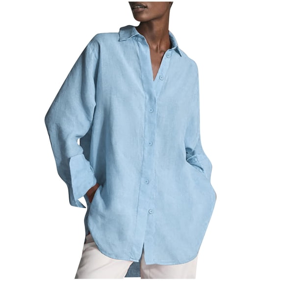 safuny Women's Blouses Shirts Satin Long Sleeve Button Shirt Casual Office Work Blouse Tops Going Out Holiday T-Shirt V-Neck Solid Color Light Blue XXL