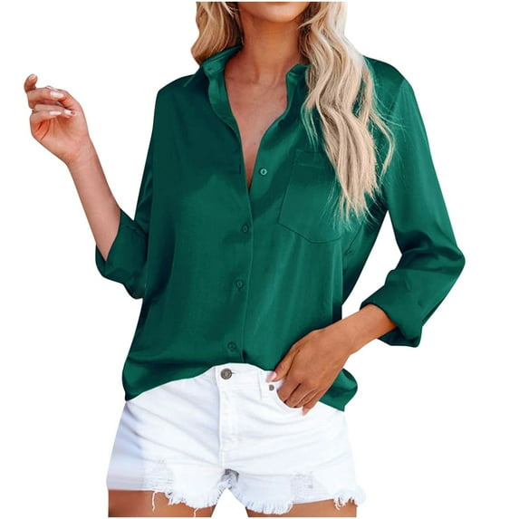 safuny Women's Blouses Shirts Satin Long Sleeve Button Shirt Casual Office Work Blouse Tops Going Out Holiday T-Shirt V-Neck Solid Color Green S