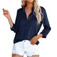 thumbnail image 1 of safuny Women's Blouses Shirts Satin Long Sleeve Button Shirt Casual Office Work Blouse Tops Going Out Holiday T-Shirt V-Neck Solid Color Navy M, 1 of 8