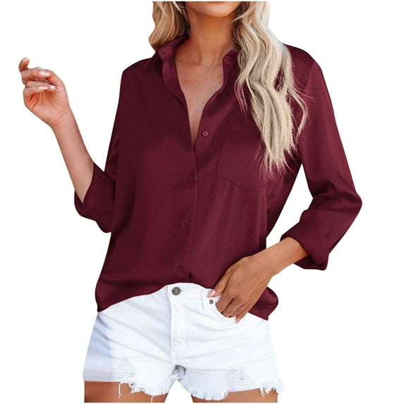 safuny Women's Blouses Shirts Satin Long Sleeve Button Shirt Casual Office Work Blouse Tops Going Out Holiday T-Shirt V-Neck Solid Color Wine XL