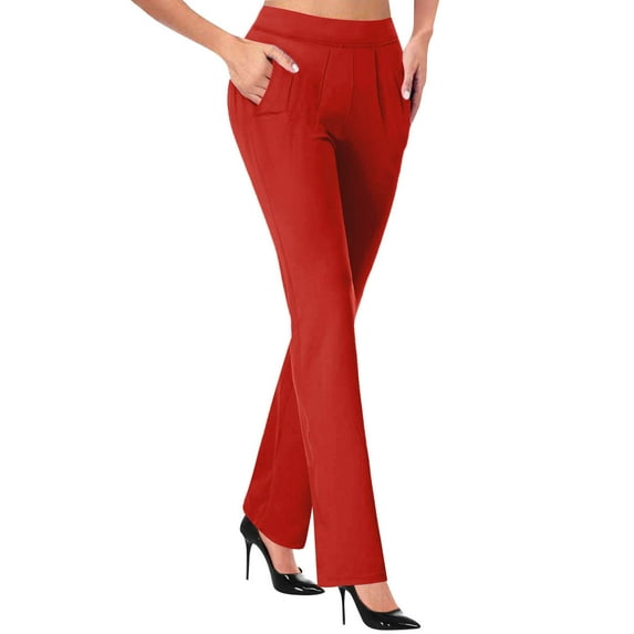 safuny Women's Business Suit Skinny Pants Straight Leg Flared Pocket High Waist Teen Girls Clearance Holiday Solid Color Fashion Casual Activewear Relaxed Trousers Workout Red XXL