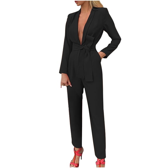 safuny Women's Business Work Suits Sets 2 Piece Causal Bandage with Pocketfor Women Summer Solid Color Workout Outdoors Trousers Long Sleeve Black L
