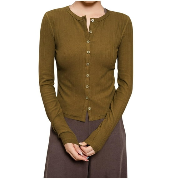 safuny Women's Button Down Crew Neck Classic Lightweight Cardigan Sweater Long Sleeve Regular Length Ribbed Knit Cardigan Coffee _a S