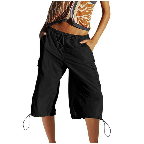 safuny Women's Capri Cargo Pants with Pocket Summer Clearance Clothing High Elastic Waist Solid Fashion Relaxed Drawstring Leisure Comfy Trousers Breathable Black L