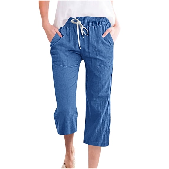 safuny Women's Capri Cropped Trousers Relaxed Sports Exercise Cotton Linen Elastic Waist Drawstring Causal For Women Summer Solid Color Workout Vacation Pants Straight With Pocket Navy L