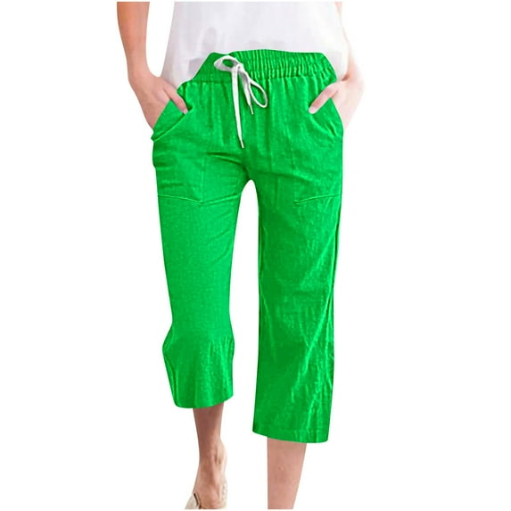 safuny Women's Capri Cropped Trousers Relaxed Sports Exercise Cotton Linen Elastic Waist Drawstring Straight With Pocket For Women Solid Color Workout Vacation Pants Causal Summer Green M