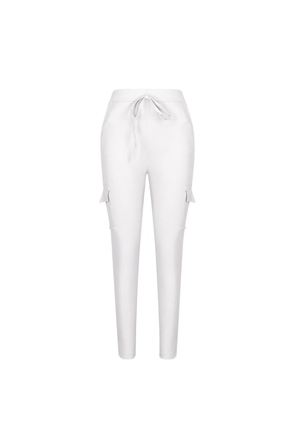 Women's Cargo Skinny Pants Pocket Fall Trendy Solid Girls Retro Relaxed Drawstring Elastic Waist Casual Daily Trousers White M