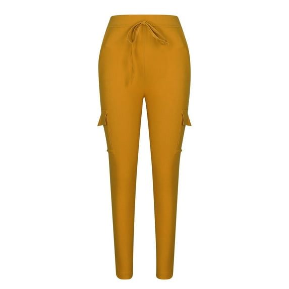 safuny Women's Cargo Skinny Pants Pocket Fall Trendy Solid Girls Retro Relaxed Drawstring Elastic Waist Casual Daily Trousers Yellow M