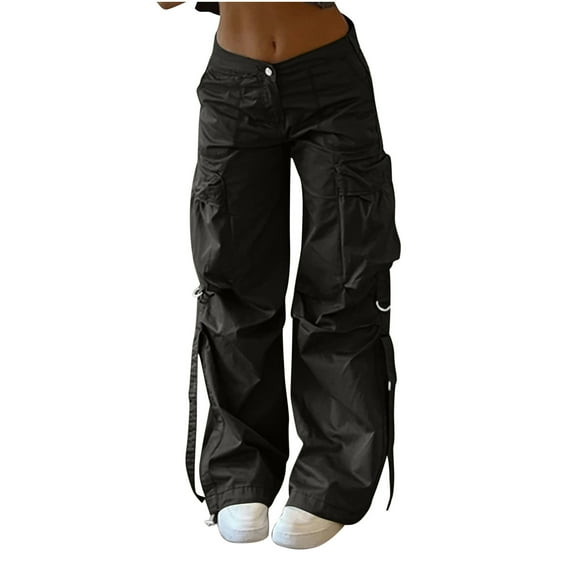 safuny Women's Cargo Sweatpants Jogger Cuff Pants Fall Trendy Solid Retro Relaxed Casual Daily Mid Rise Girls Trousers Black M