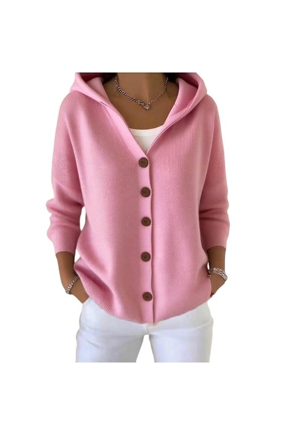 Women's Casual Cardigan V Neck Button Down Hooded Sweaters Knit Long Sleeve Hoodies Out s Pink _j S