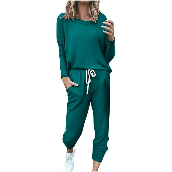 safuny Women's Casual Suit Comfy Casual Crewneck Long Sleeve Plus Size Suit for Girlfriend Wife Daughter Solid Color Dressy Green