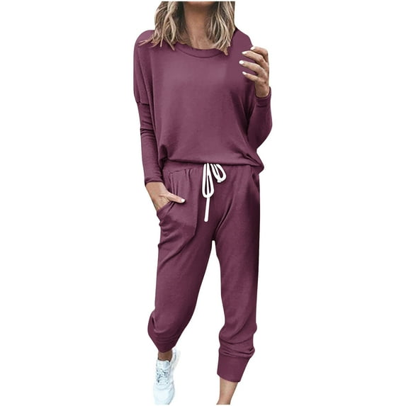 safuny Women's Casual Suit Comfy Casual Crewneck Long Sleeve Plus Size Suit for Girlfriend Wife Daughter Solid Color Dressy Red