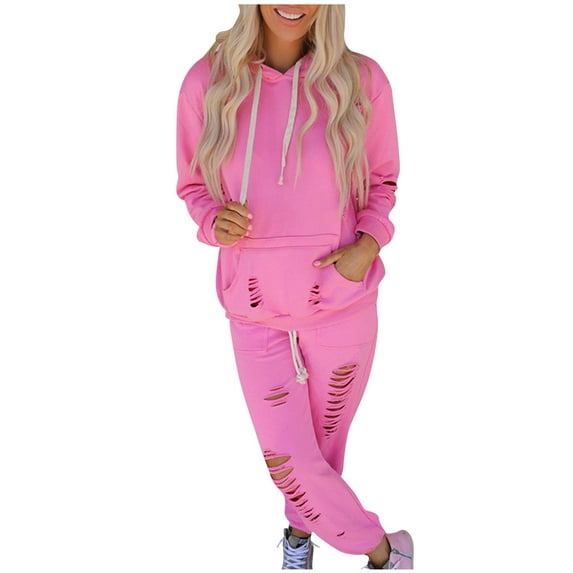 safuny Women's Casual Suit Hole Casual Sets Comfy Casual Dressy Plus Size Suit for Girlfriend Wife Daughter Hooded Neck Solid Color Long Sleeve Pink M