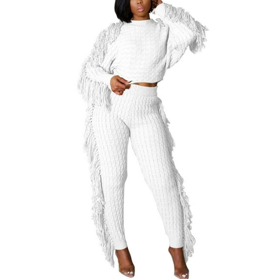safuny Women's Casual Suit One Shoulder Neck Dressy Plus Size Suit For Girlfriend Wife Daughter Long Sleeve Solid Color Knitted Tassel Outfits Comfy Casual White S