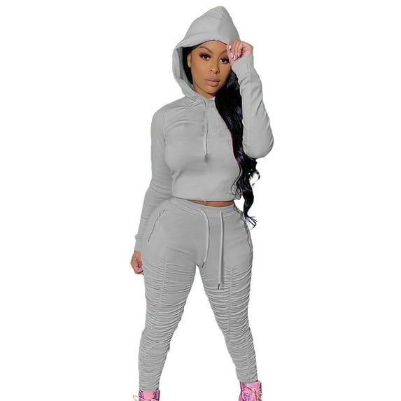 safuny Women's Casual Suit Plus Size Suit for Girlfriend Wife Daughter Dressy Hooded Neck Long Sleeve Solid Color Comfy Casual Gray M