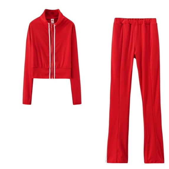 safuny Women's Casual Suit at Home Stand Collar Plus Size Suit for Girlfriend Wife Daughter Solid Color Comfy Casual Dressy Long Sleeve Red L