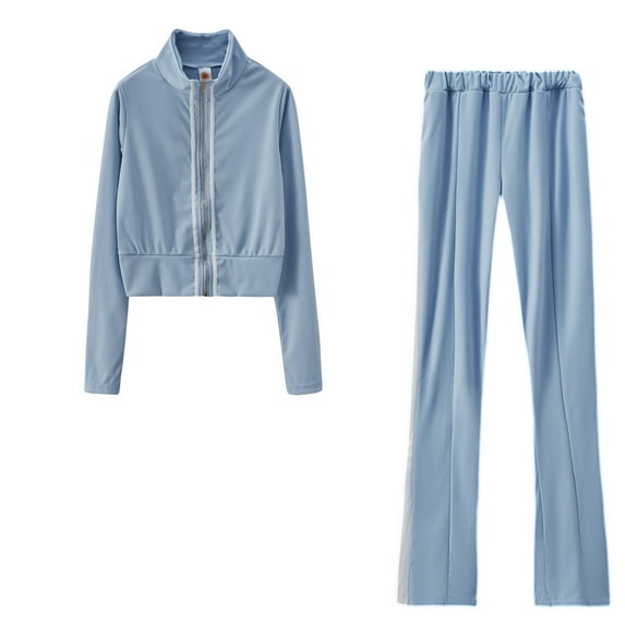 safuny Women's Casual Suit at Home Stand Collar Plus Size Suit for Girlfriend Wife Daughter Solid Color Comfy Casual Dressy Long Sleeve Sky Blue XXL