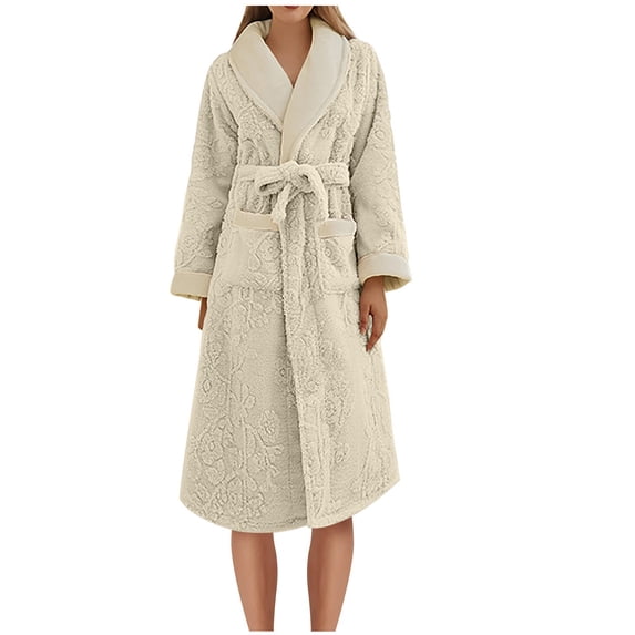 safuny Women's Cotton Bathrobe Soft Fleece Thicken Cardigan Pocket Open Front Waistband Warm Absorbent Quick Dry Leisurewear Solid Color Trendy Outwear Fall Holiday White XXXL