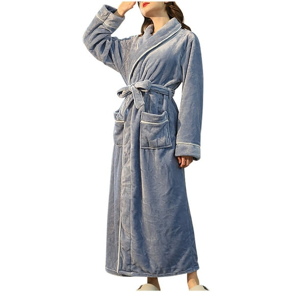 safuny Women's Cotton Bathrobe Soft Fleece Thicken Cardigan Pocket Open Front Waistband Warm Absorbent Quick Dry Loungewear Solid Color Trendy Outwear Fall Holiday Gray M