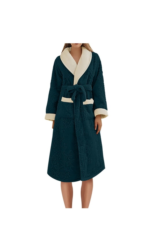 Women's Cotton Bathrobe Soft Fleece Thicken Cardigan Pocket Open Front Waistband Warm Absorbent Quick Dry Loungewear Solid Color Trendy Outwear Fall Holiday Green XL