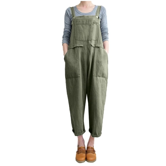 safuny Women's Cotton Jumpsuit Overalls Solid Comfy Trousers Fashion Clothing Baggy Pocket Sleeveless Leisure Loose Button Retro Summer Army Green M