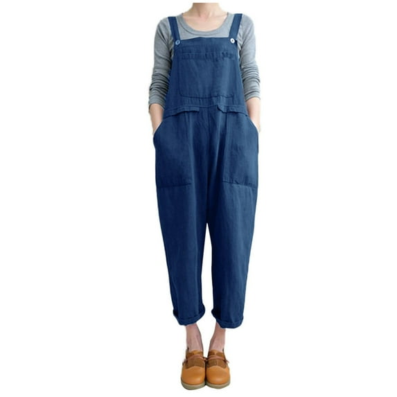 safuny Women's Cotton Jumpsuit Overalls Solid Comfy Trousers Fashion Clothing Baggy Pocket Sleeveless Leisure Loose Button Retro Summer Dark Blue XL