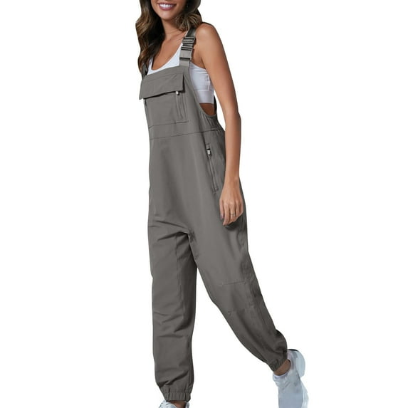 safuny Women's Cotton Jumpsuit Overalls Solid Comfy Trousers Fashion Clothing Baggy Pocket Sleeveless Leisure Loose Button Retro Summer Gray S