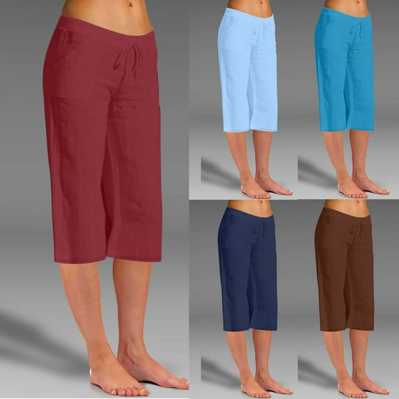 safuny Women's Cotton Lined Capri Straight Leg Pants Teen Girls Elastic Waist Drawstring Fashion Casual Activewear Relaxed Trousers Workout Solid Color Holiday Blue L