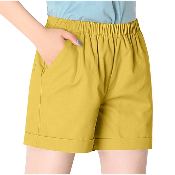 safuny Women's Cotton Lined Loose Shorts with Pocket Casual Workout Trousers Holiday Elastic Waisted Comfy Stretch Summer Pants Teen Girls Yellow XXXXL