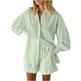 thumbnail image 1 of safuny Women's Cotton Linen 2 Piece Sets Outfits Shorts Summer Solid Color Workout Vacation Outdoors Trousers for Women Causal Bishop Sleeve Buttons Up Loose with Pocket Green S, 1 of 9