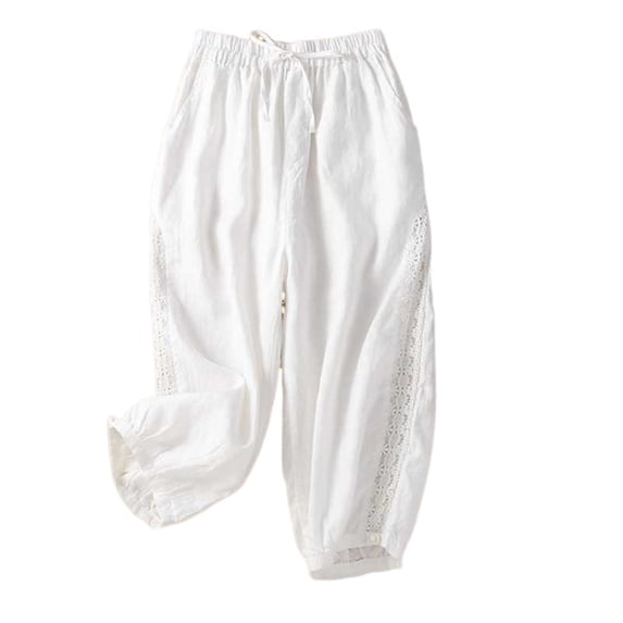 safuny Women's Cotton Linen Capri Pants Fashion Girls Teen Relaxed Solid Color High Elastic Waist Trousers Casual Comfy Daily White L