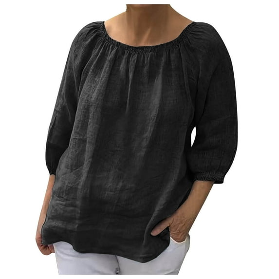 safuny Women's Cotton Linen Elegant Shirts Solid Tops Trendy Shirts Fall Long Sleeve Holiday Off Shoulder Neck Casual Relaxed Black XXXXXL