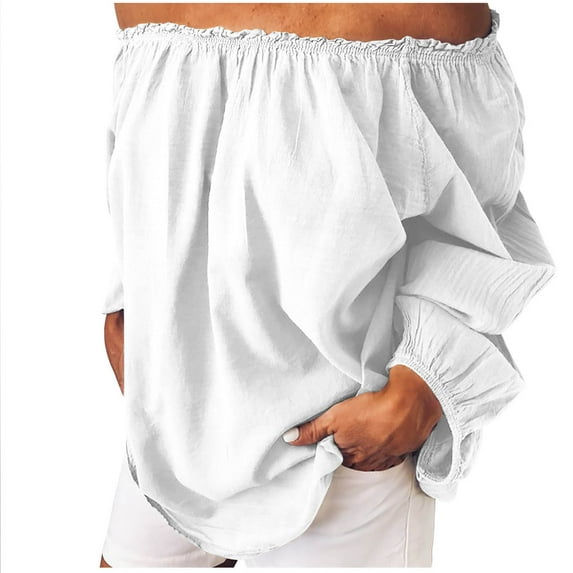 safuny Women's Cotton Linen Elegant Shirts Solid Tops Trendy Shirts Fall Long Sleeve Holiday Off Shoulder Neck Casual Relaxed White XXXL