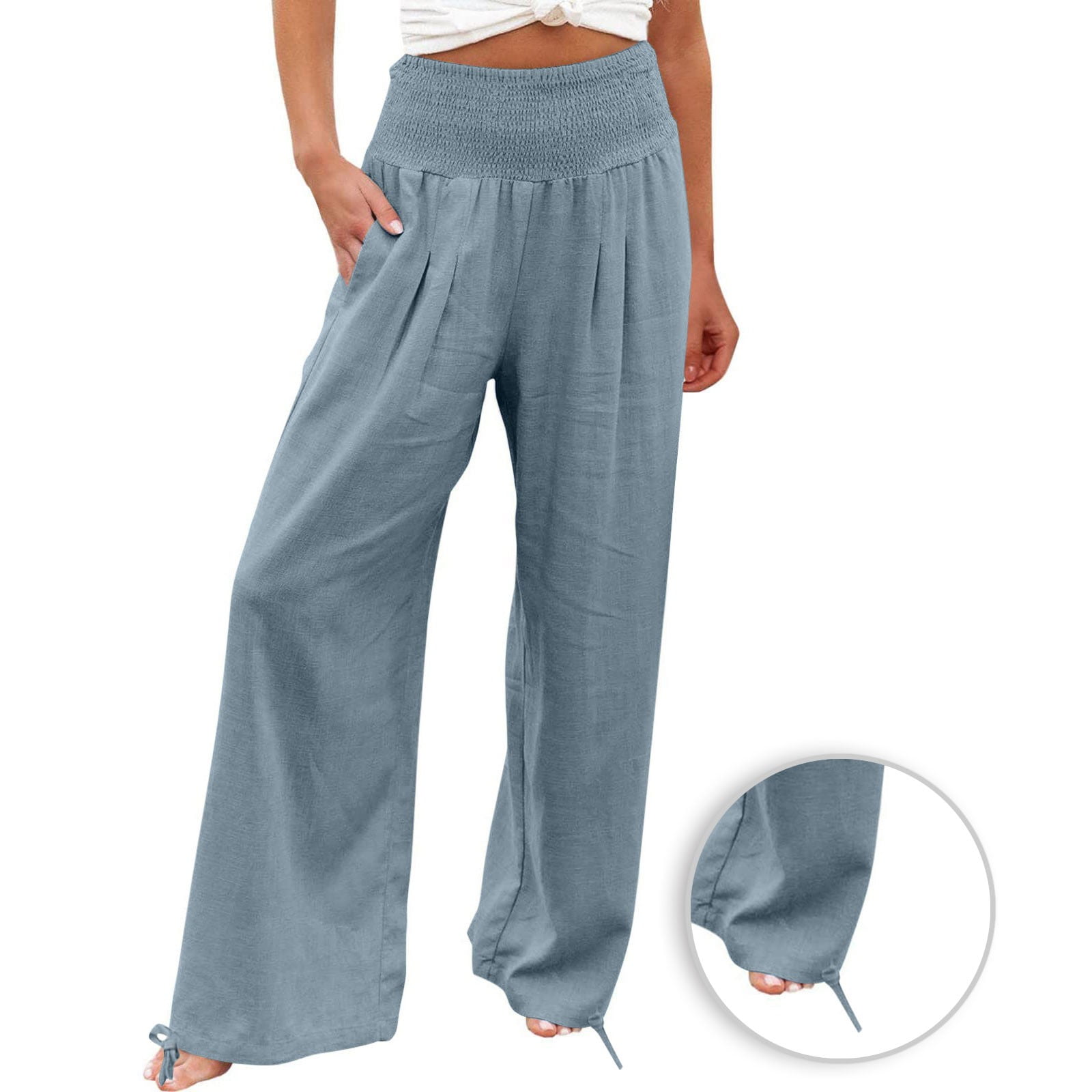 safuny Women s Cotton Linen Jogger Wide Leg Sweatpants Girls Teen Relaxed Solid Color Elastic Waist Trousers Casual Comfy Stretchy Trendy Light Blue M Walmart