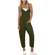 safuny Women's Cotton Linen Jumpsuit Fall Girls Trendy Solid Casual Retro Relaxed Sleeveless Square Neck Baggy Pocket Button Trousers Army Green S