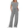 safuny Women's Cotton Linen Jumpsuit with Pocket Summer Clearance Relaxed Breathable Clothing Solid Short Sleeve V Neck Trousers Bandage Empire Waist Fashion Gray XXXL