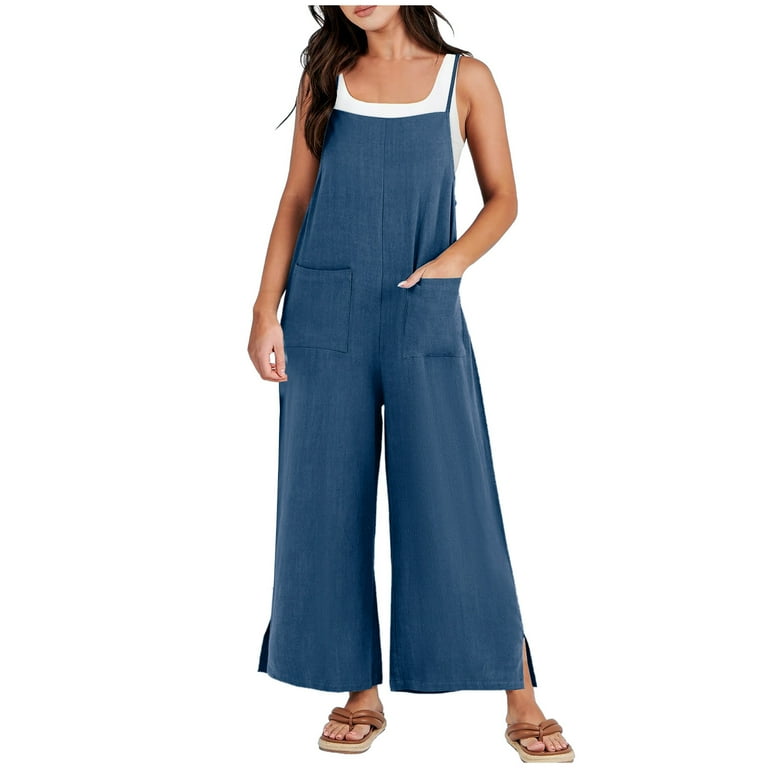 safuny Women s Cotton Linen Jumpsuits Romper Overalls Loose Slit With Pocket For Women Solid Color Workout Vacation Pants Causal Summer Sleeveless
