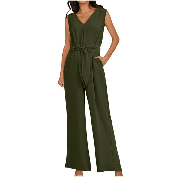 safuny Women's Cotton Linen Jumpsuits Romper Overalls V Neck Trousers for Women Summer Causal Solid Color Sleeveless Bandage with Pocket Army Green M