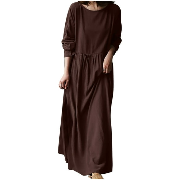safuny Women's Cotton Linen Maxi Dress Pocket Solid Retro Elegant Leisure Relaxed Holiday Long Sleeve Fashion Spring Autumn Dress Boat Neck Brown XL