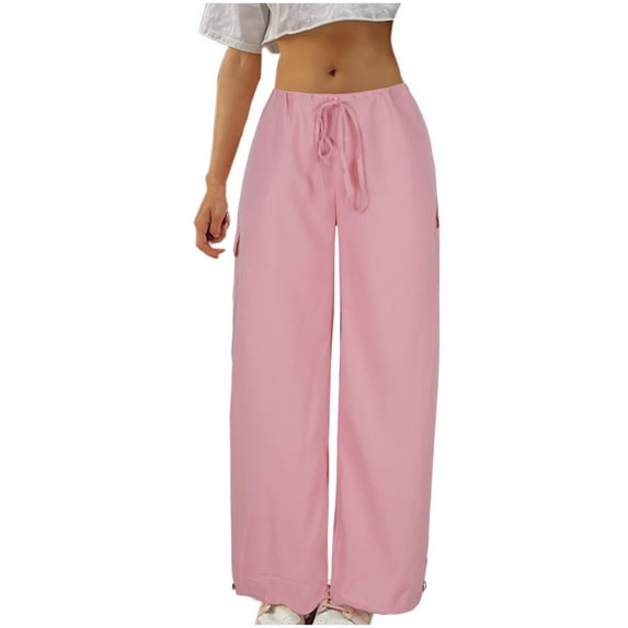 safuny Women's Cotton Linen Wide Leg Cuff Pants Girls Casual Comfy Trendy Solid Color Teen Relaxed Trousers High Rise Pink S