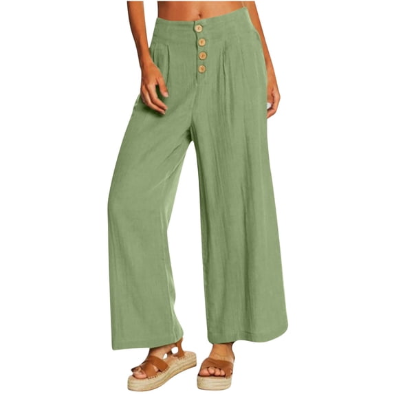 safuny Women's Cotton Linen Wide Leg Pants High Rise Button Casual Comfy Workout Girls Relaxed Solid Color Trousers Trendy Teen Green S