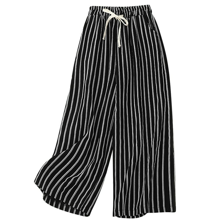 safuny Women s Cotton Linen Wide Leg Pants Pocket Fall Relaxed Retro Vintage Stripe Drawstring Elastic Waist Trousers Fit Casual Daily Girls Trendy