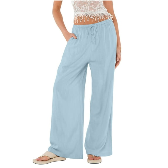 safuny Women's Cotton Linen Wide Leg Pants Relaxed Straight Causal Loose with Pocket for Women Summer Solid Color Workout Vacation Trousers Elastic Waist Drawstring Light Blue S