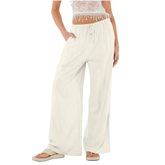 safuny Women's Cotton Linen Wide Leg Pants Relaxed Straight Causal for Women Summer Solid Color Elastic Waist Drawstring Loose with Pocket Workout Vacation Trousers Beige M