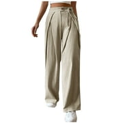 safuny Womens Cotton Linen Wide Leg Pants Trendy Girls Teen Relaxed Solid Color High Rise Button Drawstring Trousers Casual Comfy Workout Khaki L